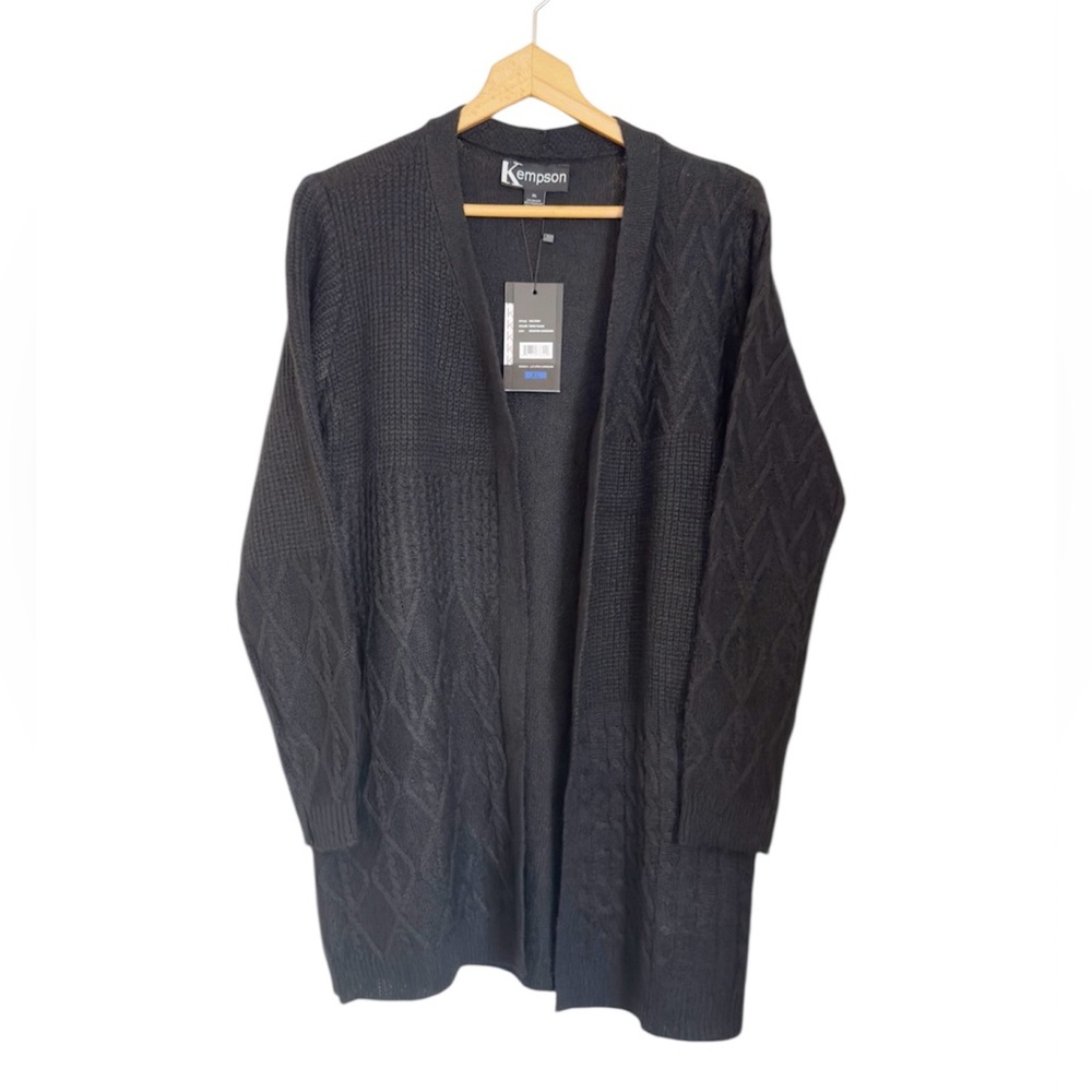 Kempson Black Monica L/S Cable Knit Open Front Cardigan Sweater size XL